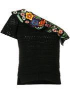 Fendi Embroidered One Shoulder Top, Women's, Size: 42, Black, Cotton/glass/viscose/polyester