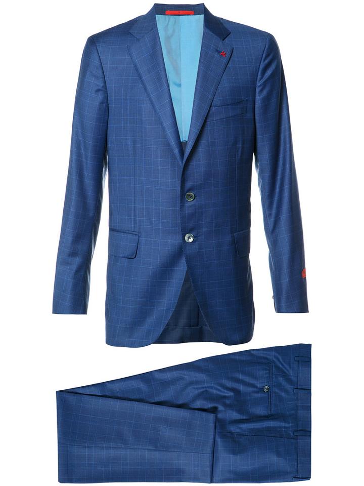 Isaia Checked Suit, Men's, Size: 54, Blue, Cupro/silk/wool