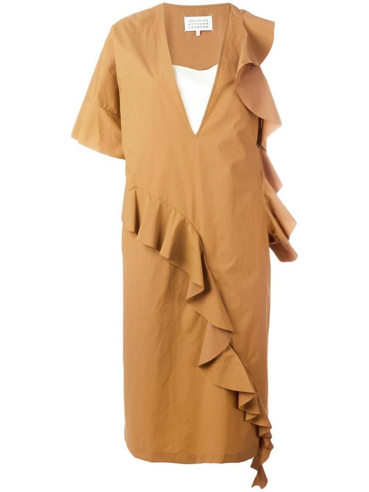 Maison Margiela Ruffle Trim Asymmetric Dress - Brown