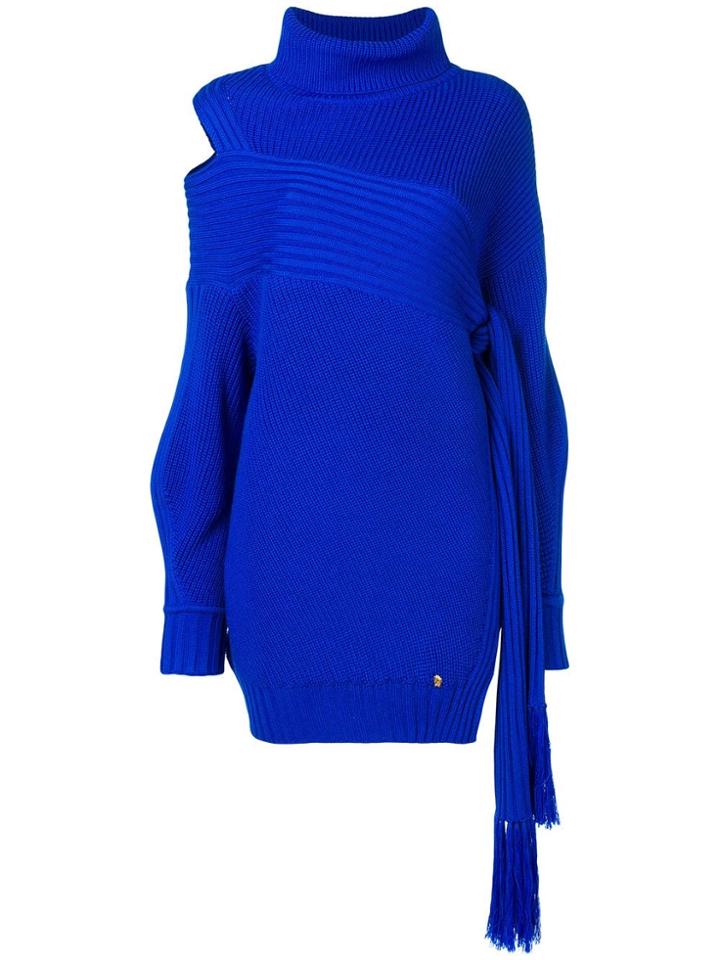 Versace Ribbed Cut Out Side Tassel Sweater - Blue
