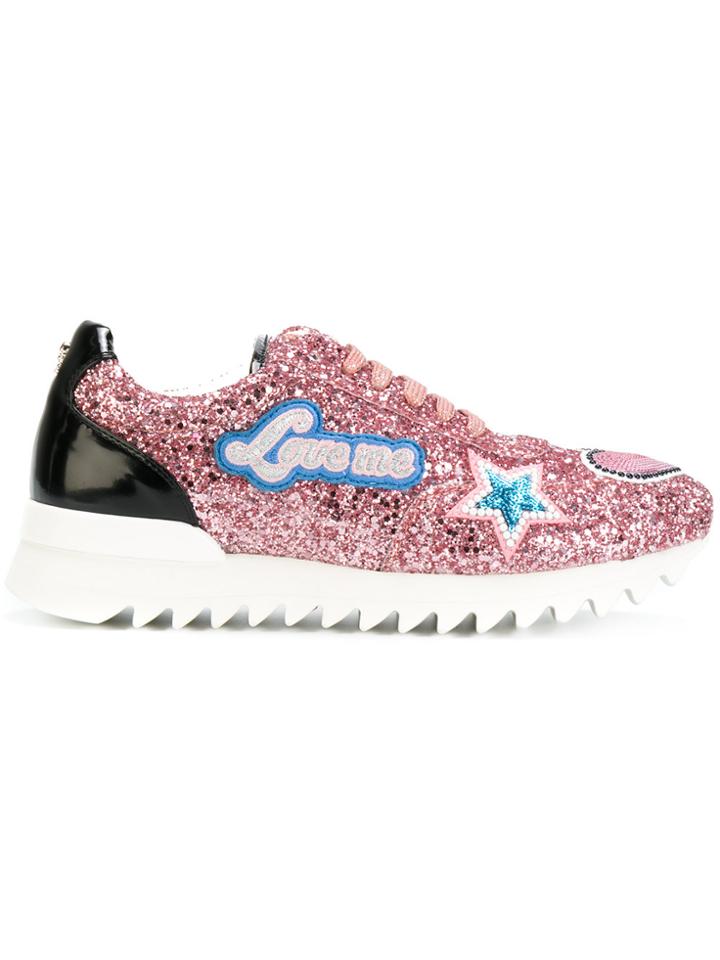Philipp Plein Glitter And Patch Detail Sneakers - Pink & Purple