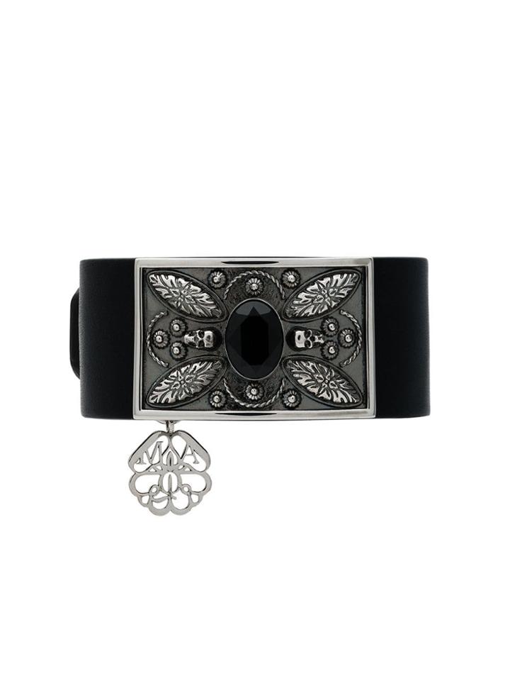 Alexander Mcqueen Leather Skull And Crystal Embellished Bracelet -
