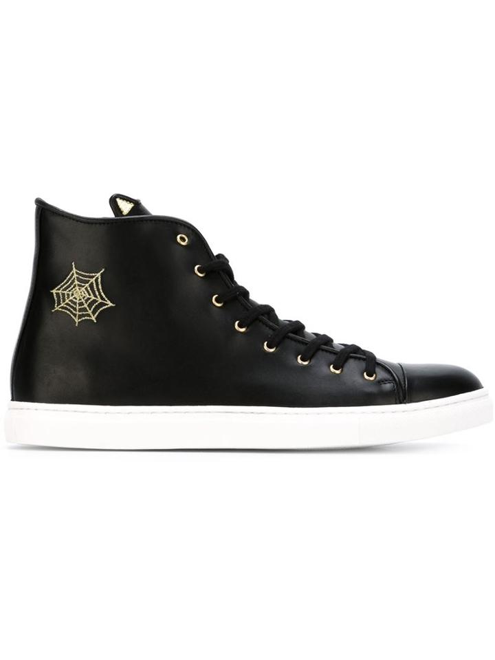 Charlotte Olympia Purrrfect Hi-top Sneakers, Men's, Size: 43, Black, Calf Leather/leather/rubber