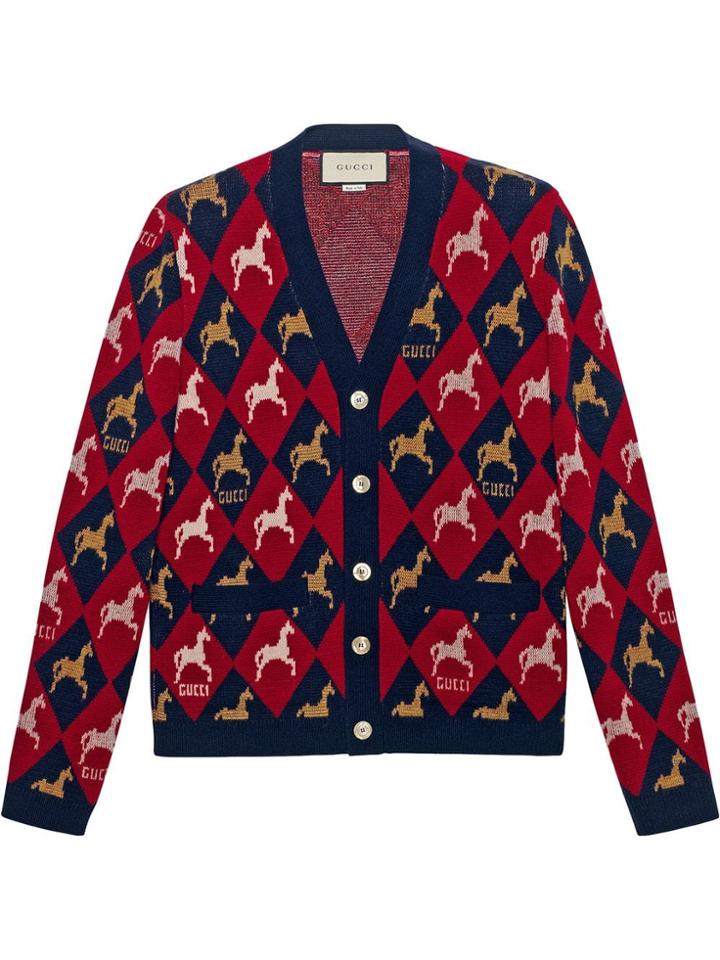 Gucci Equestrian Wool Jacquard Cardigan - Red