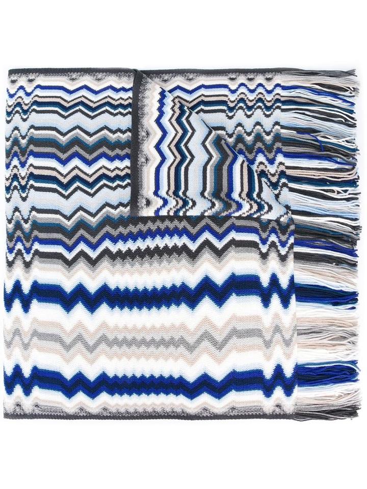 Missoni Zig Zag Crochet Knit Fringed Scarf, Women's, Blue, Acrylic/wool