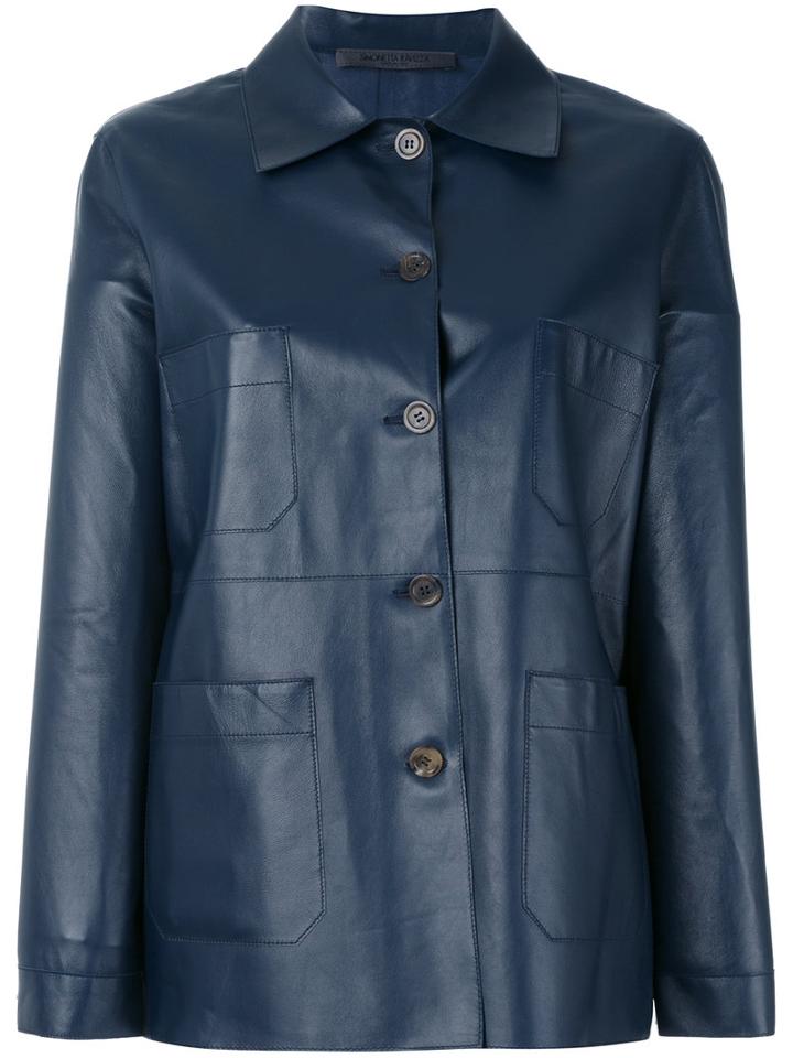 Simonetta Ravizza - Button Front Leather Jacket - Women - Lamb Skin/cupro - 46, Blue, Lamb Skin/cupro