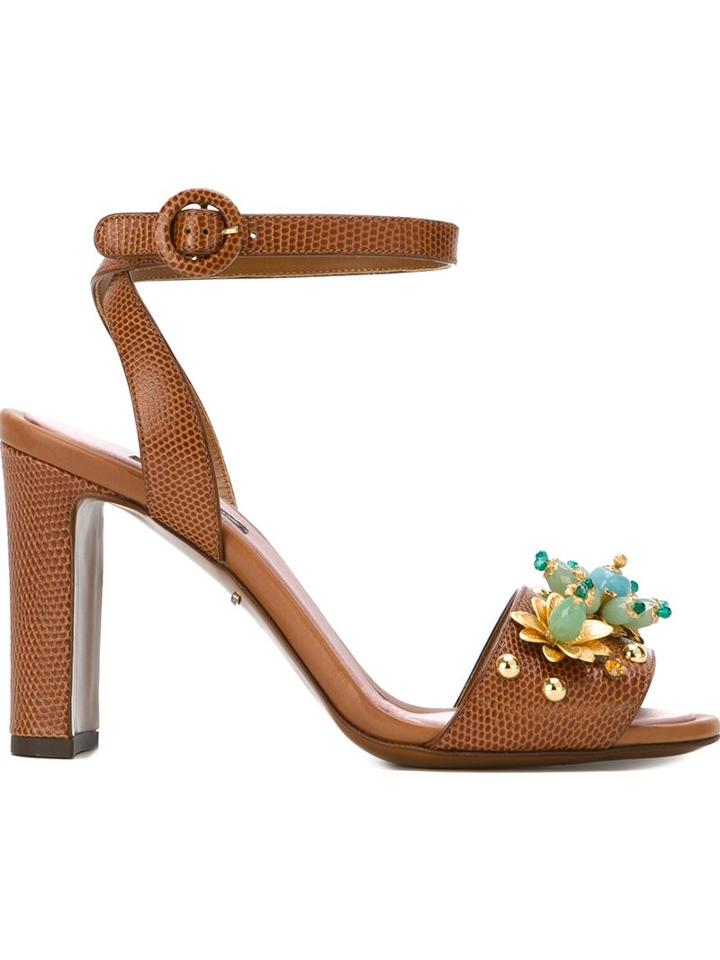 Dolce & Gabbana Embellished Sandals, Women's, Size: 36.5, Brown, Leather/plastic