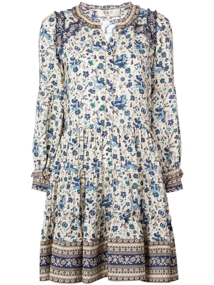 Sea Floral Print Dress - Blue