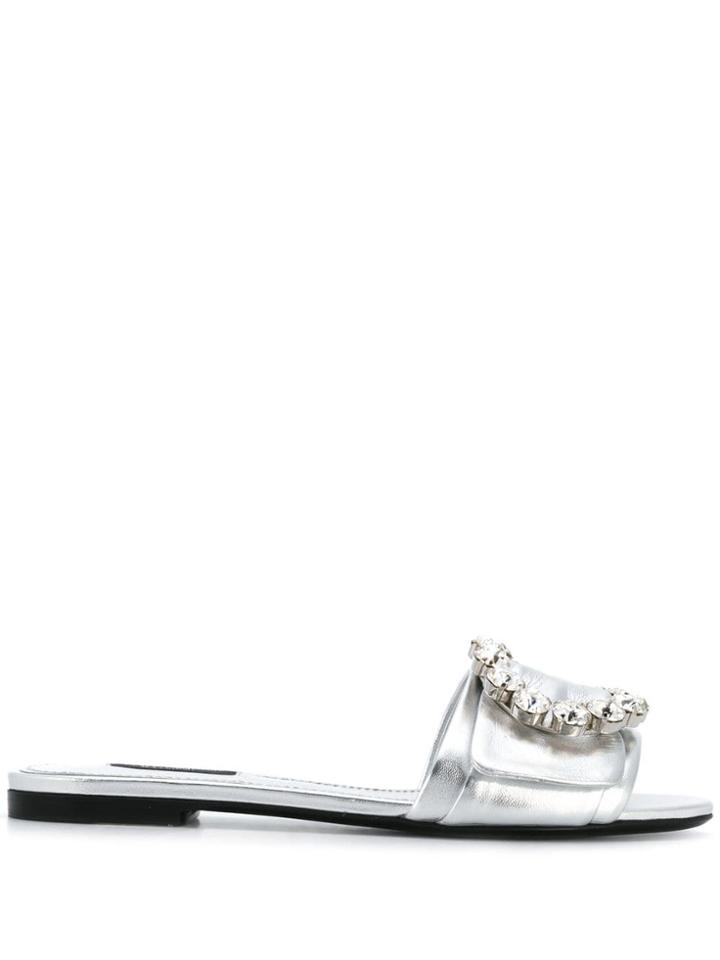 Dolce & Gabbana Bianca Buckled Slides - Silver