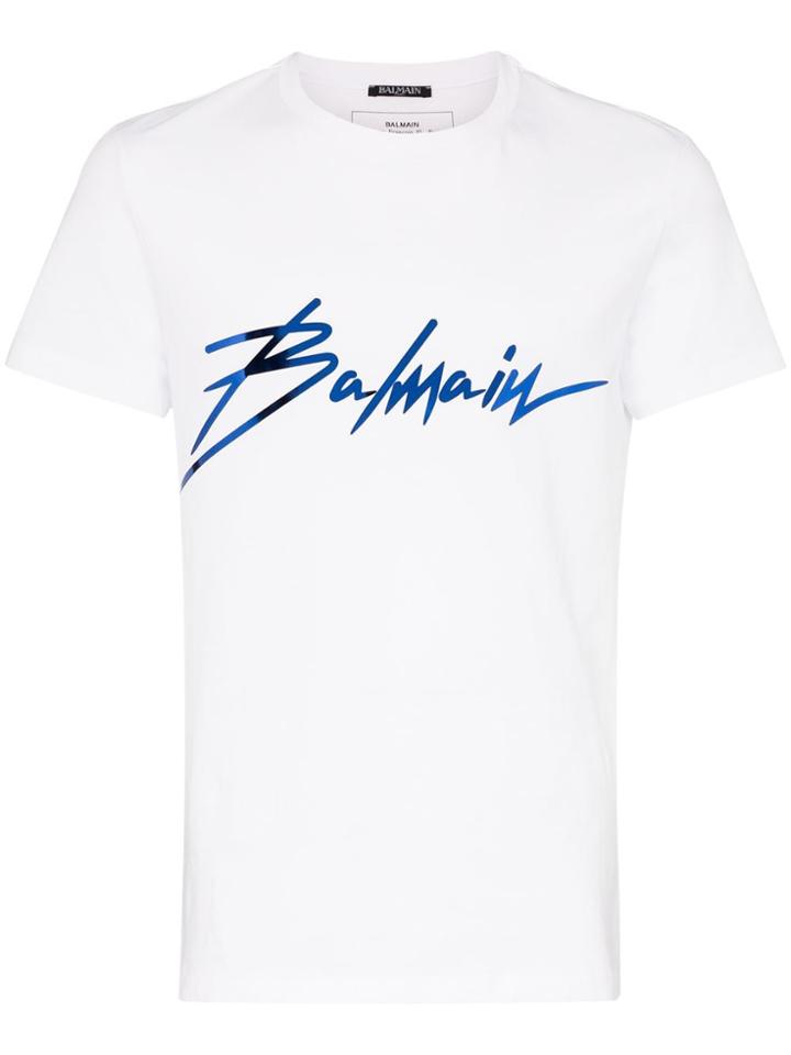 Balmain Metallic Script Logo Cotton T-shirt - White