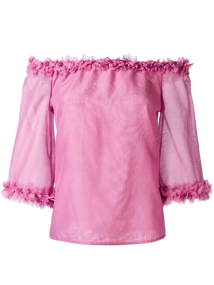 Blumarine - Floral Trim Bardot Top - Women - Cotton/silk - 44, Women's, Pink/purple, Cotton/silk