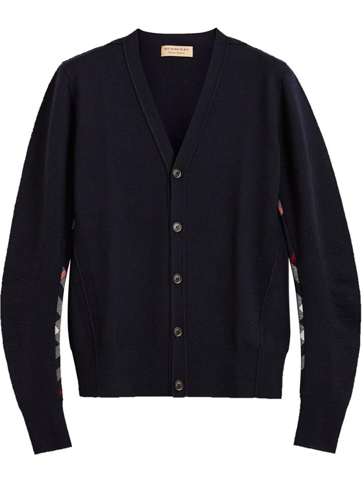 Burberry Check Detail Merino Wool Cardigan - Blue