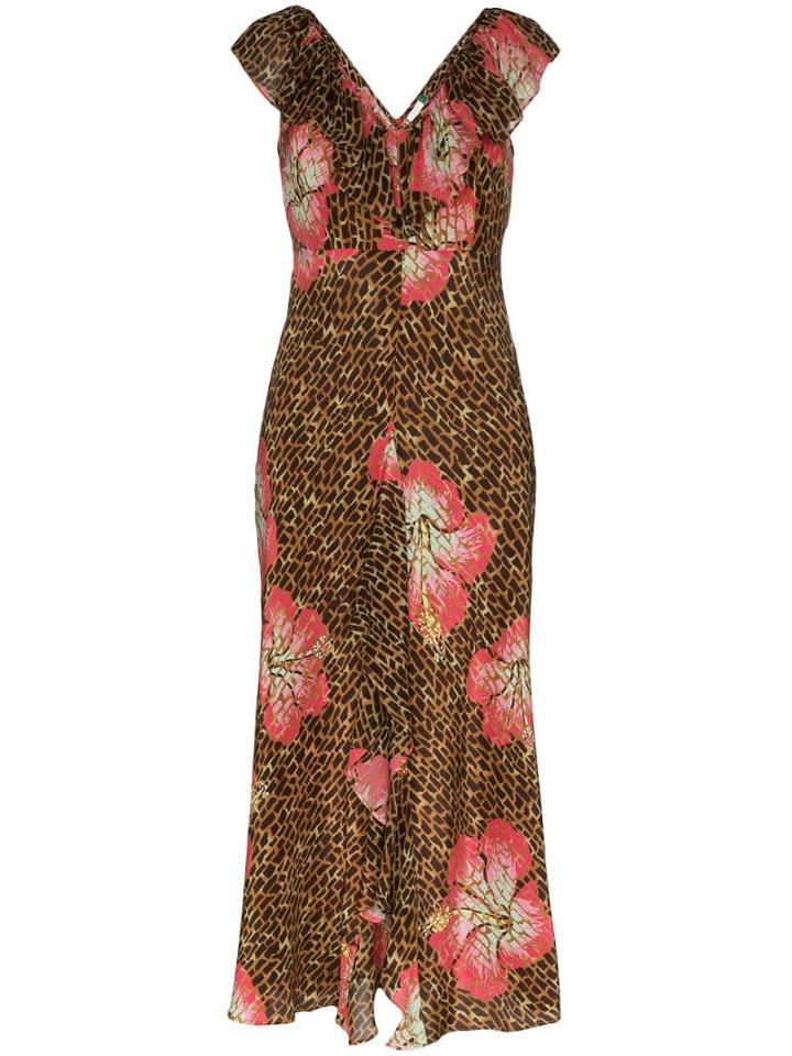 Rixo Antoinette Animal Floral Print Midi Dress - Brown