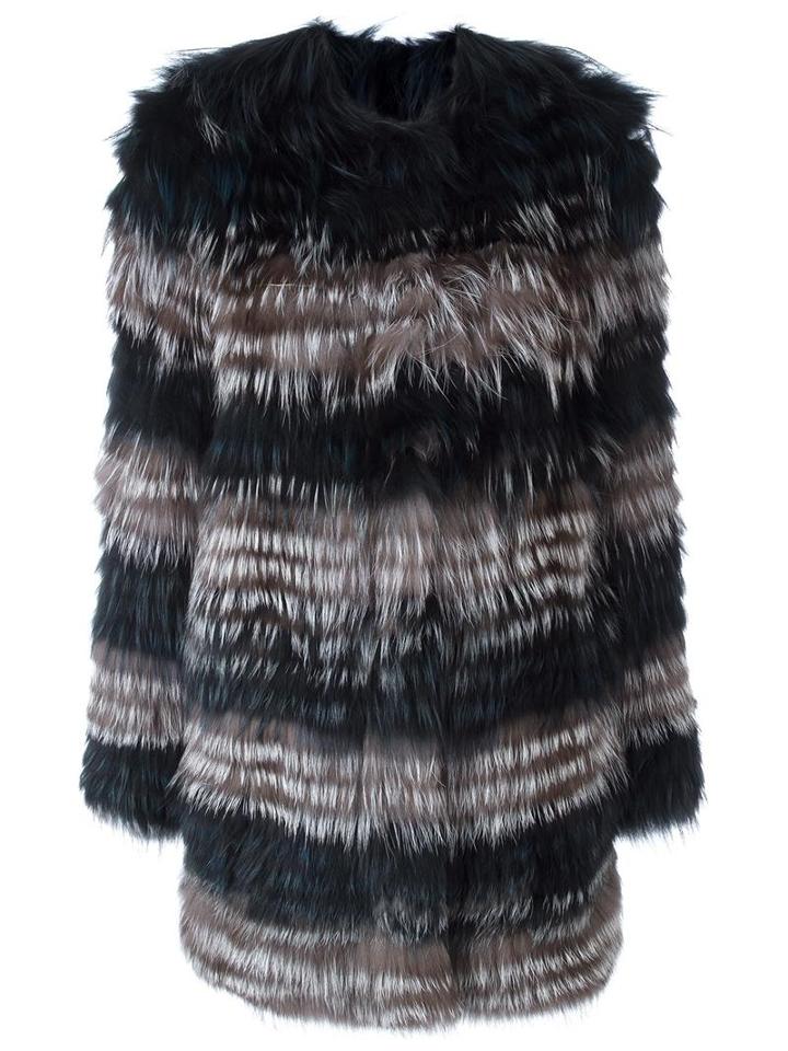 Yves Salomon Striped Coat, Women's, Size: 40, Fox Fur/cotton/spandex/elastane