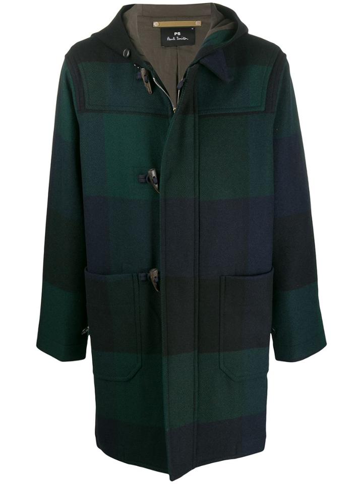 Ps Paul Smith Hooded Check Duffle Coat - Blue
