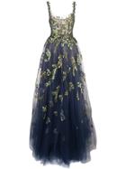 Oscar De La Renta Structured Gown With Botanical Embroidery - Blue