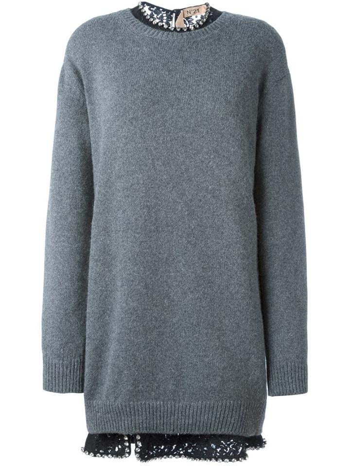 No21 Jeweled Collar Sweater Dress, Women's, Size: 40, Grey, Cotton/polyamide/glass