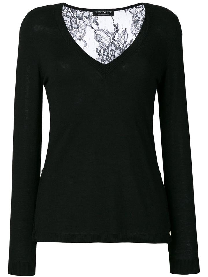Twin-set - Knitted V-neck Top - Women - Polyamide/viscose/wool - Xl, Black, Polyamide/viscose/wool