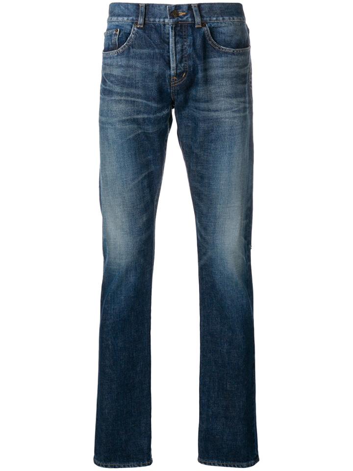 Saint Laurent Distressed Mid-rise Straight Jeans - Blue