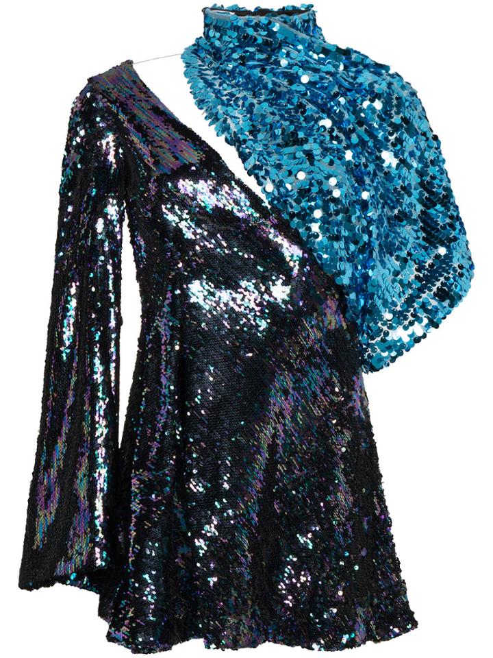 Halpern Sequin Dress With Asymmetric Sleeve - Blue