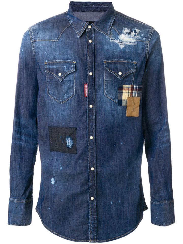 Dsquared2 Distressed Denim Patchwork Shirt - Blue