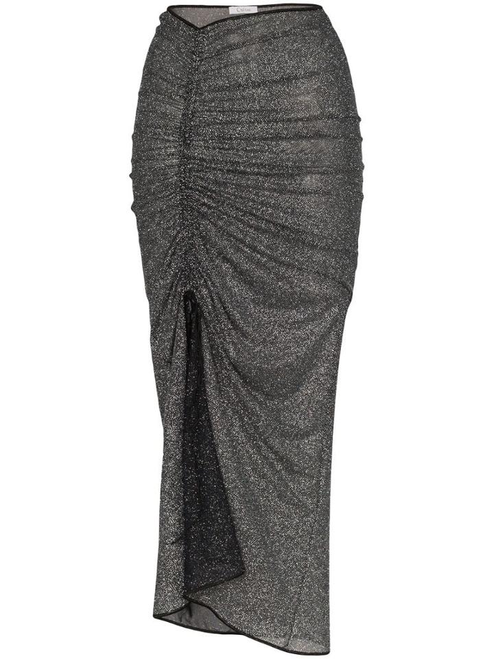 Oseree Shine Ruched Midi Skirt - Black