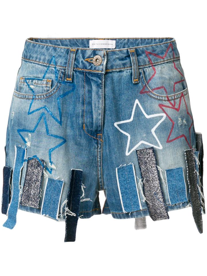Faith Connexion Patchwork Denim Shorts - Blue
