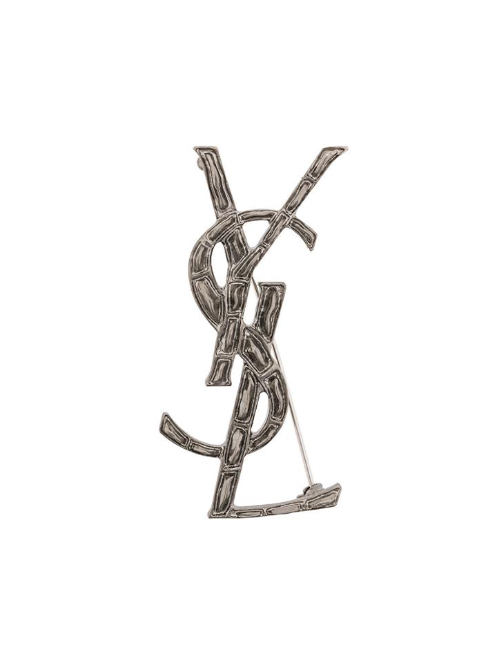 Saint Laurent Embossed Interlocked Signature Brooch - Metallic