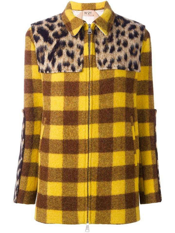 No21 Panelled Checked Coat, Women's, Size: 38, Yellow/orange, Acetate/viscose/alpaca/virgin Wool