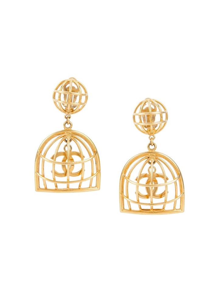 Chanel Vintage Cc Logo Birdcage Motif Clip-on Earrings, Women's, Metallic
