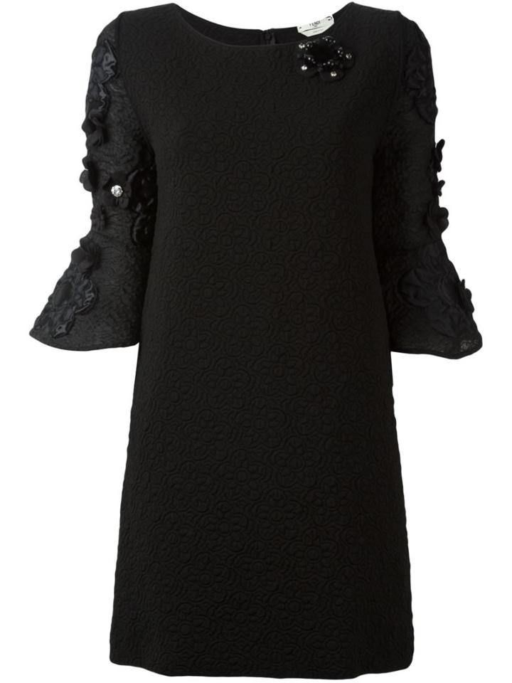 Fendi Flower Appliqué Cloqué Dress, Women's, Size: 40, Black, Polypropylene/spandex/elastane/viscose/mink Fur