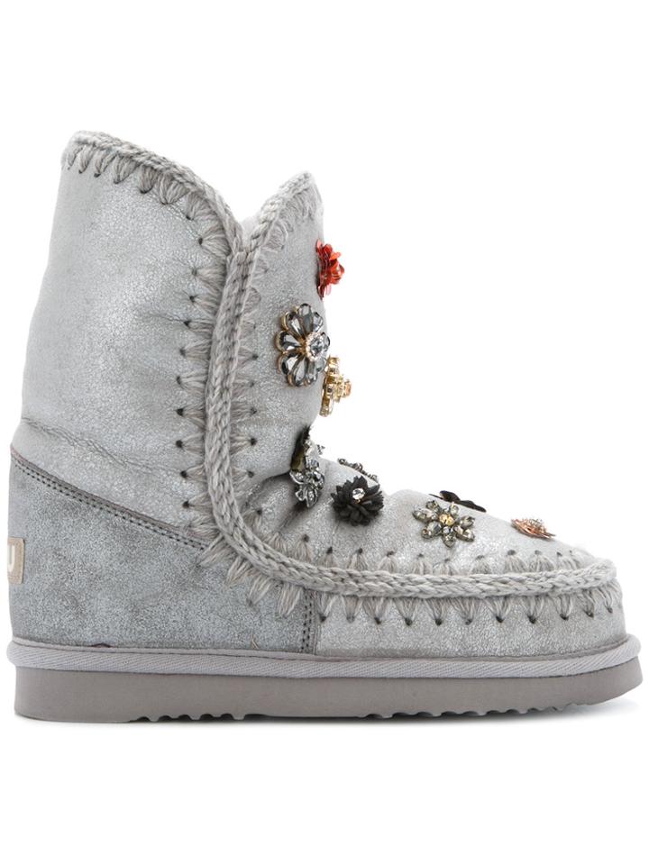 Mou Flower Embellished Eskimo Boots - Grey