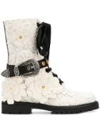 Fausto Puglisi Buckle Embossed Lace Boots - White