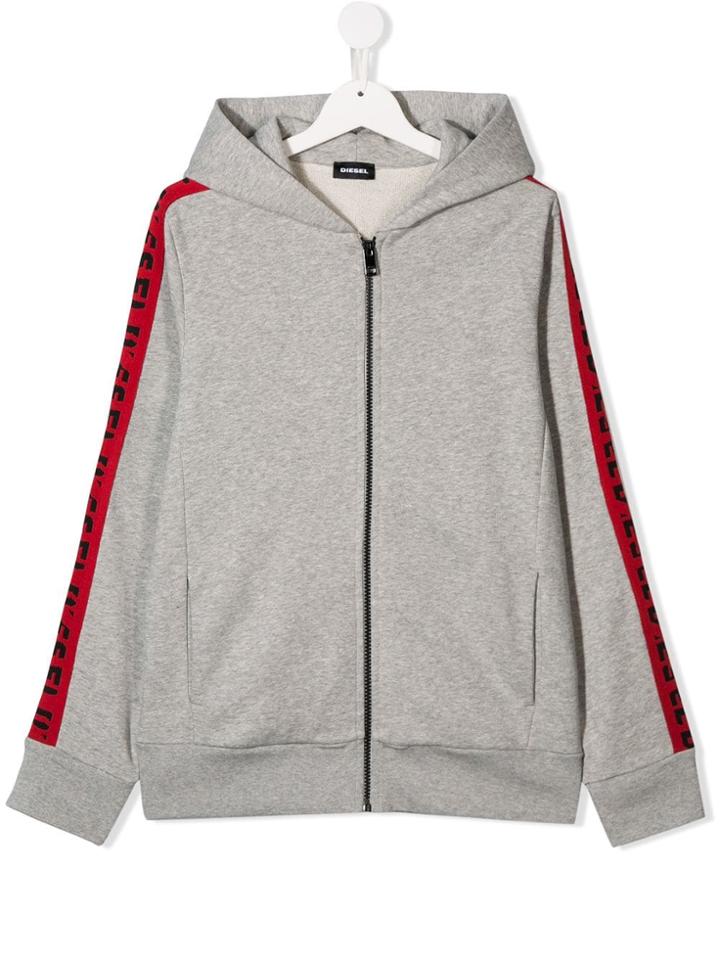 Diesel Kids Logo Stripe Zip Hoodie - Grey