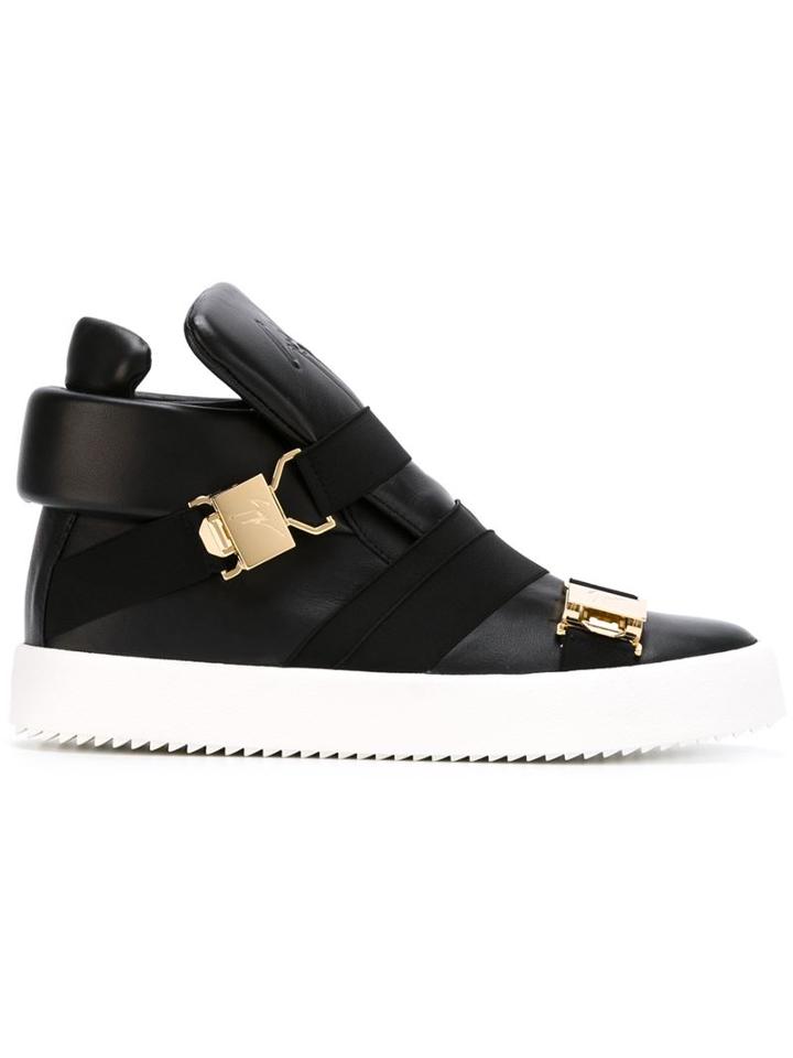 Giuseppe Zanotti Design Buckle Fastening Hi-top Sneakers, Men's, Size: 46, Black, Calf Leather/leather/rubber/spandex/elastane