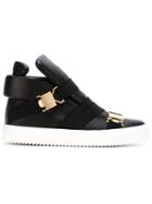 Giuseppe Zanotti Design Buckle Fastening Hi-top Sneakers, Men's, Size: 46, Black, Calf Leather/leather/rubber/spandex/elastane