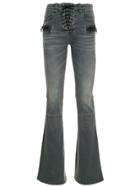 Unravel Project Stonewashed Lace Front Bootleg Jeans - Grey