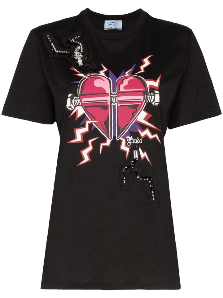 Prada Embellished Heart Print T-shirt - Black
