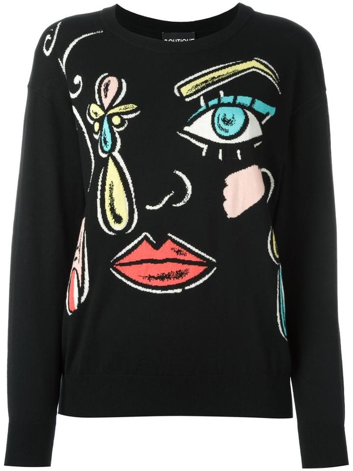 Boutique Moschino Face Print Sweatshirt, Women's, Size: 38, Black, Virgin Wool/cotton