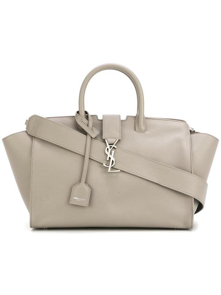 Saint Laurent Logo Plaque Tote, Women's, Grey