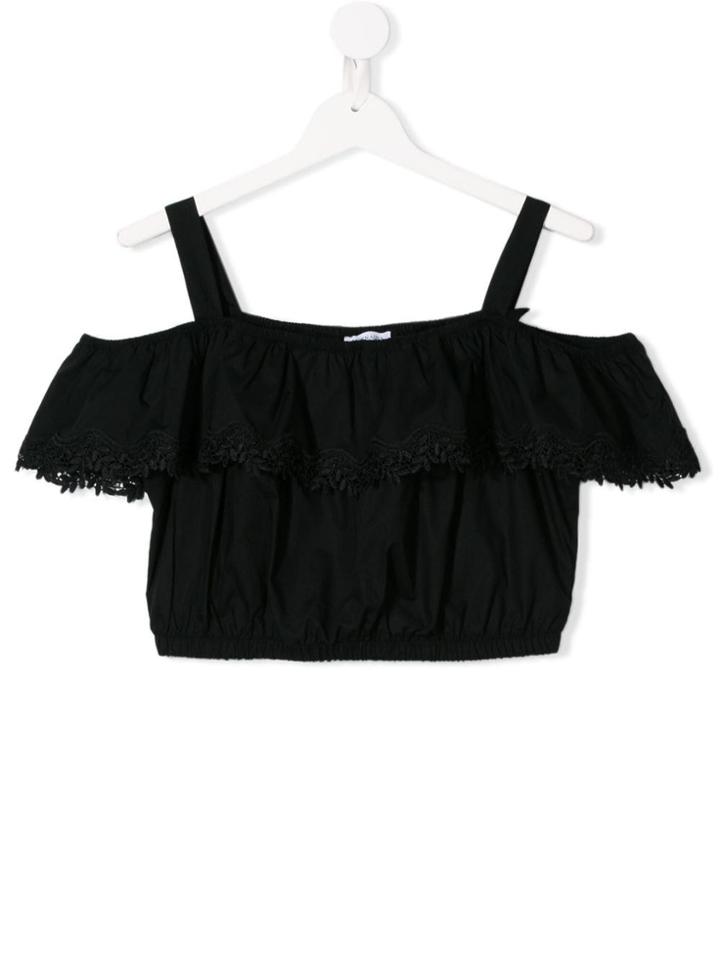 Monnalisa Teen Leaf Appliqué Cropped Top - Black