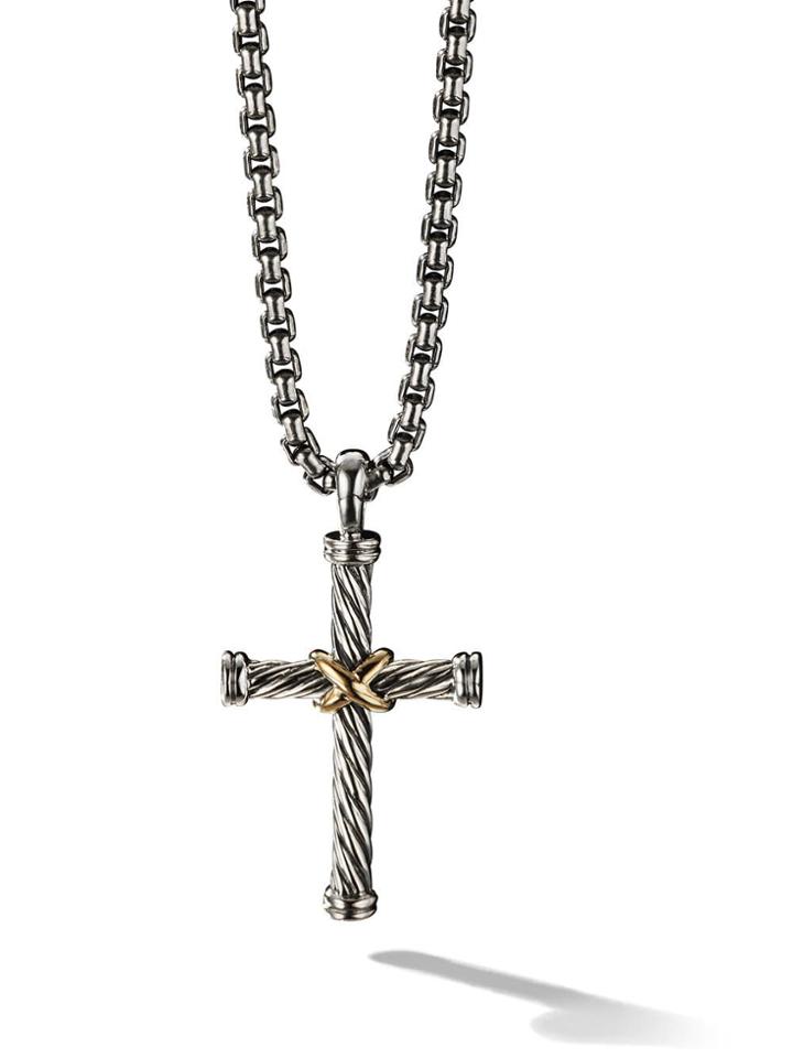 David Yurman Silver And 18kt Yellow Gold Cable Cross Enhancer Pendant