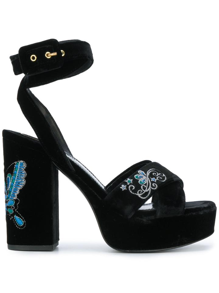 Ash Boom Butterfly Embroidered Platform Sandals - Black