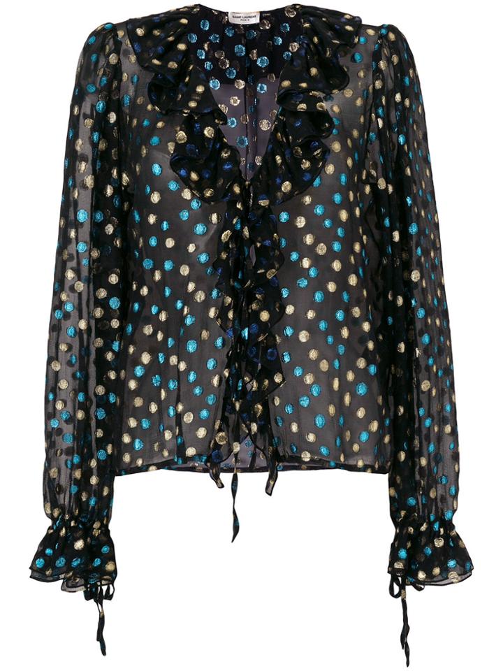 Saint Laurent Metallic Polka Dot Ruffle Blouse - Black