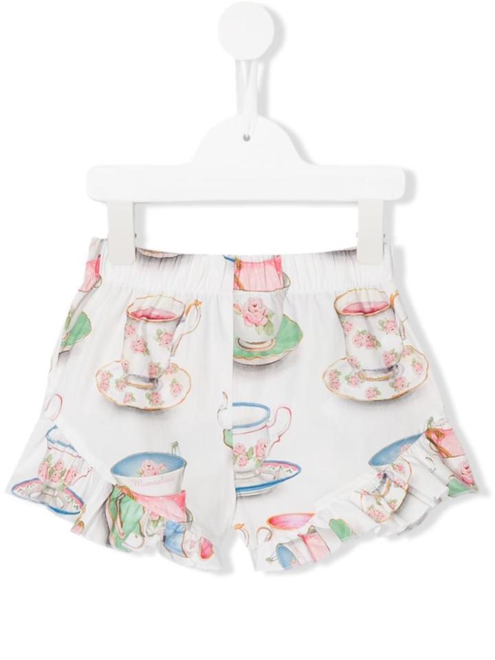 Monnalisa Tea Cup Print Shorts, Girl's, Size: 12 Yrs, White
