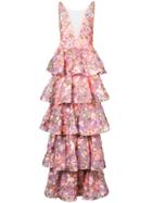 Marchesa Notte Tiered Floral Gown - Pink & Purple