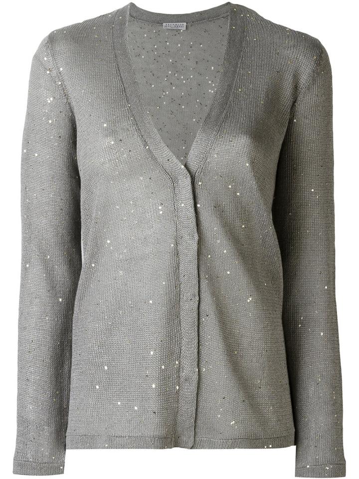 Brunello Cucinelli - V-neck Cardigan - Women - Silk/linen/flax/polyimide - Xl, Grey, Silk/linen/flax/polyimide