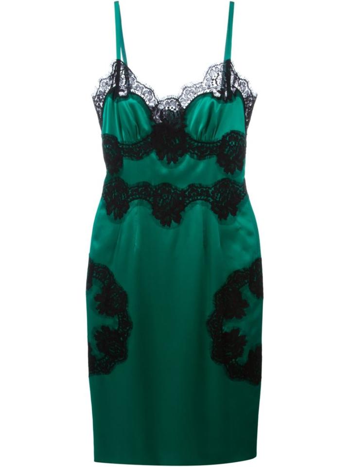 Dolce & Gabbana Lace Panel Midi Dress, Women's, Size: 38, Green, Silk/cotton/spandex/elastane/silk