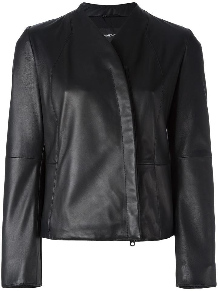 Emporio Armani Zipped Leather Jacket, Women's, Size: 46, Black, Lamb Skin/polyester/spandex/elastane