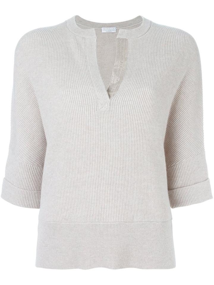 Brunello Cucinelli V-neck Slit Knitted Blouse, Women's, Size: Xs, Nude/neutrals, Cashmere/brass